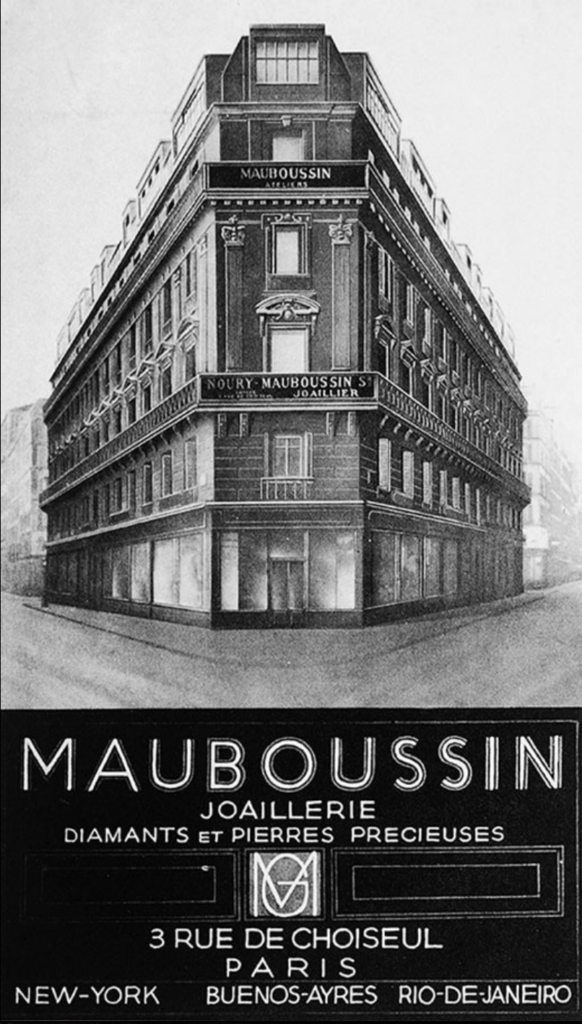 Publicité en noir et blanc, immeuble de la boutique Mauboussin rue Choisseul en 1923